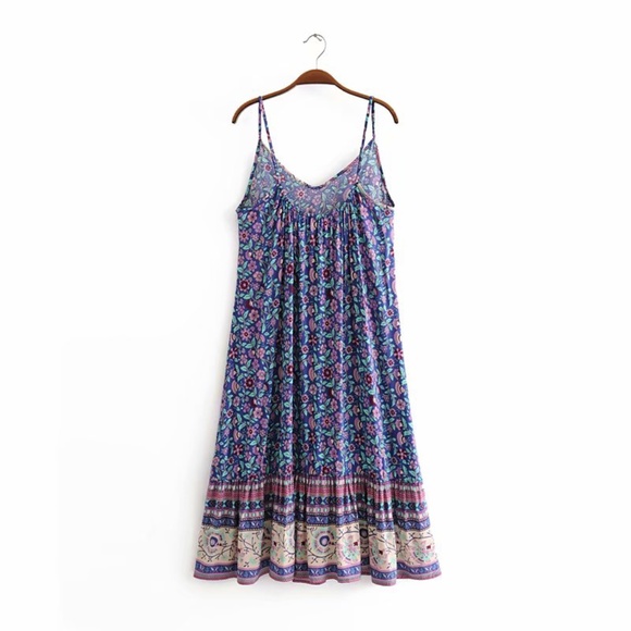 Boho blue purple Floral Print Midi cami Dress - Picture 3 of 3